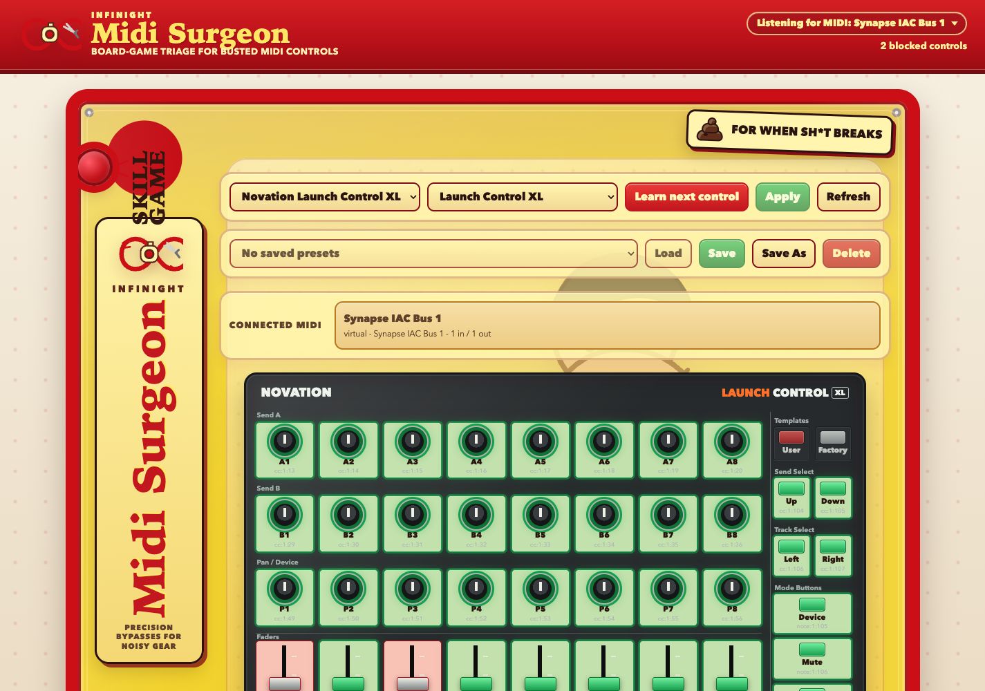 INFINIGHT Midi Surgeon app showing a Launch Control XL template, connected MIDI input, blocked controls, learn mode, apply button, and mapped controls